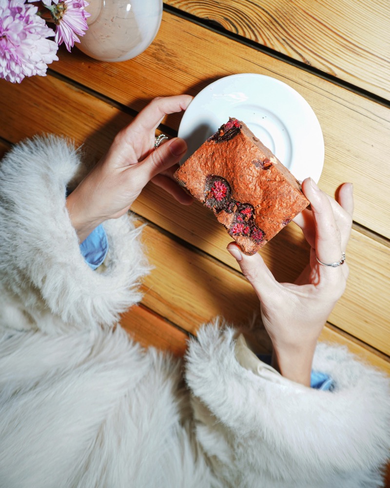Brownie dessert shared at the table